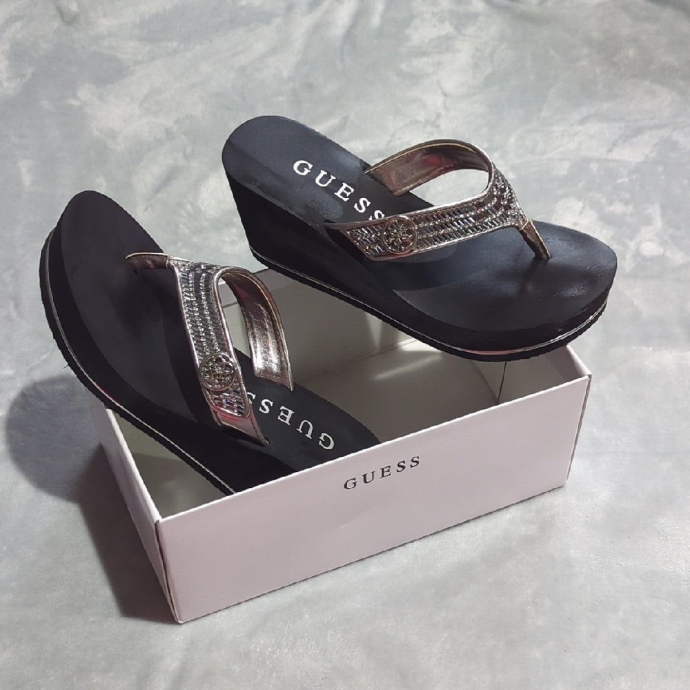 GUESS Women's Black and Silver Wedge Sandals